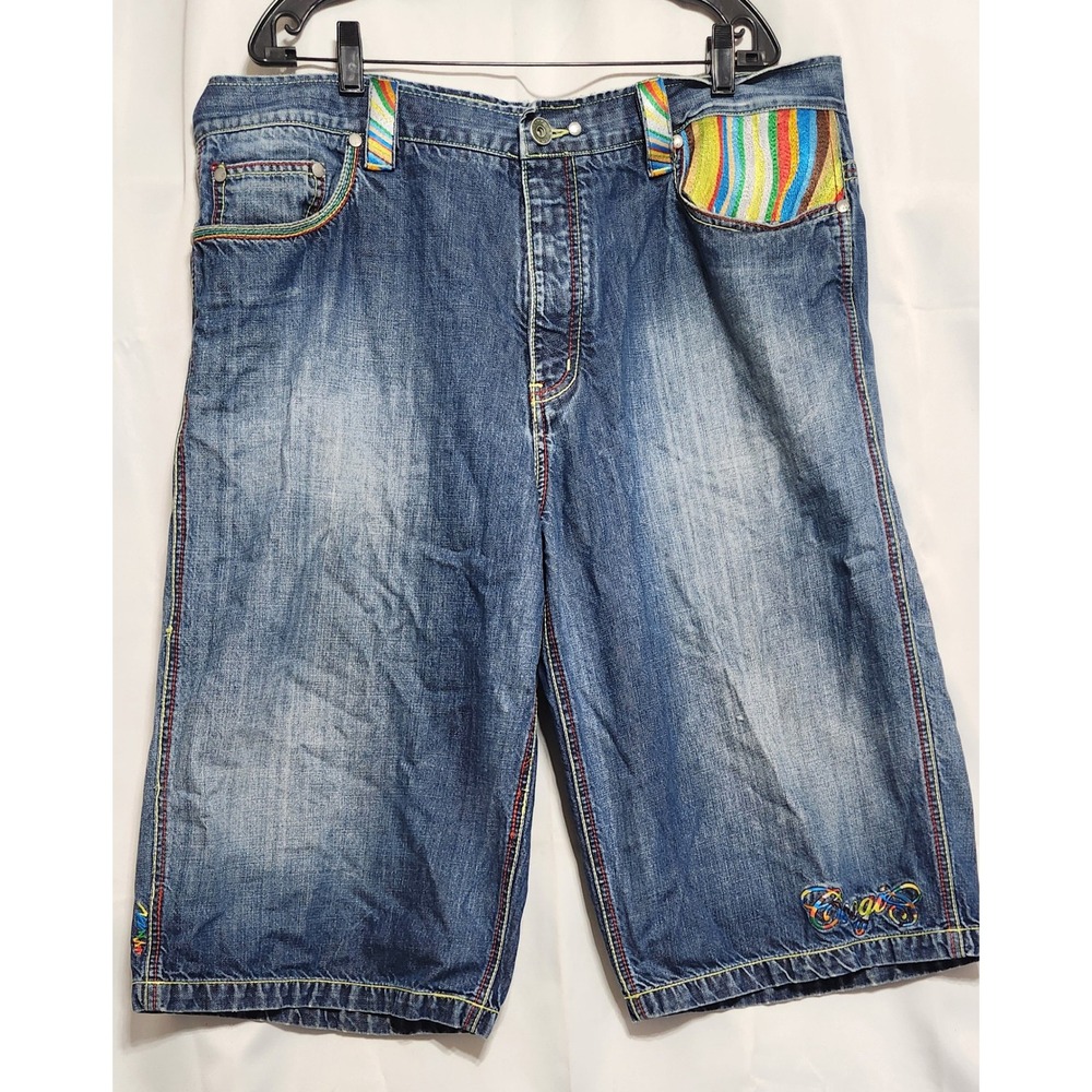 Coogi Jeans Mens W42 L18 Denim Shorts Blue Rainbow Embroidery Streetwear Y2K